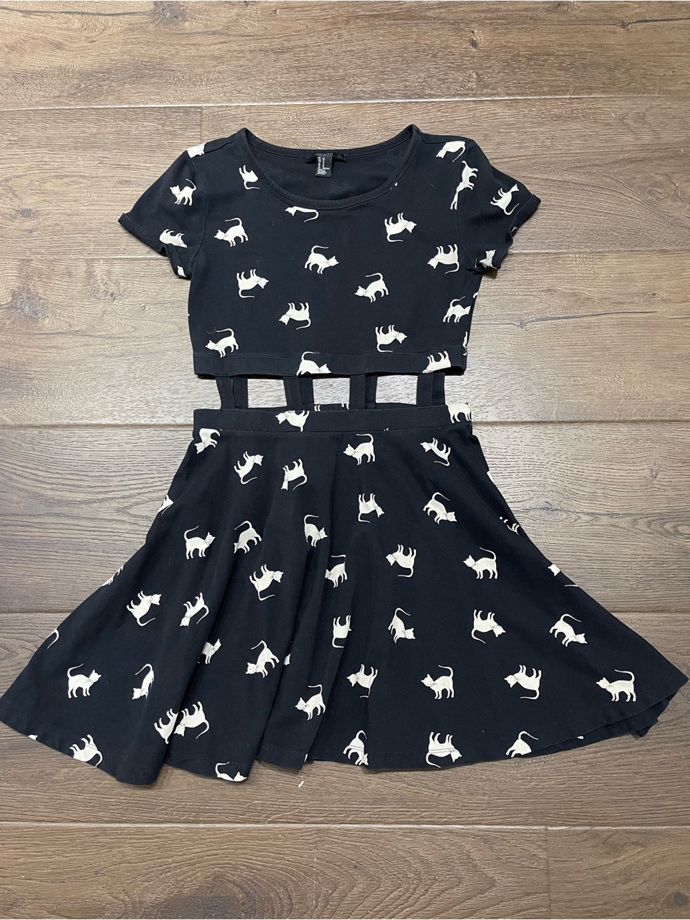 Forever 21 Black Cutout Waist Dress with Cat Print